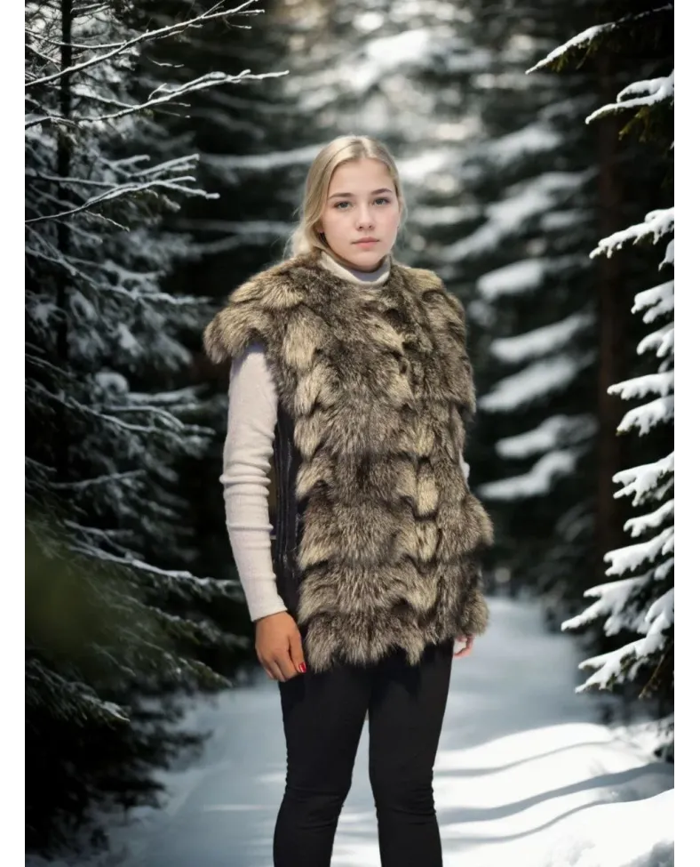 Kadın Kolsuz Hakiki Deri Kürk - Siyah