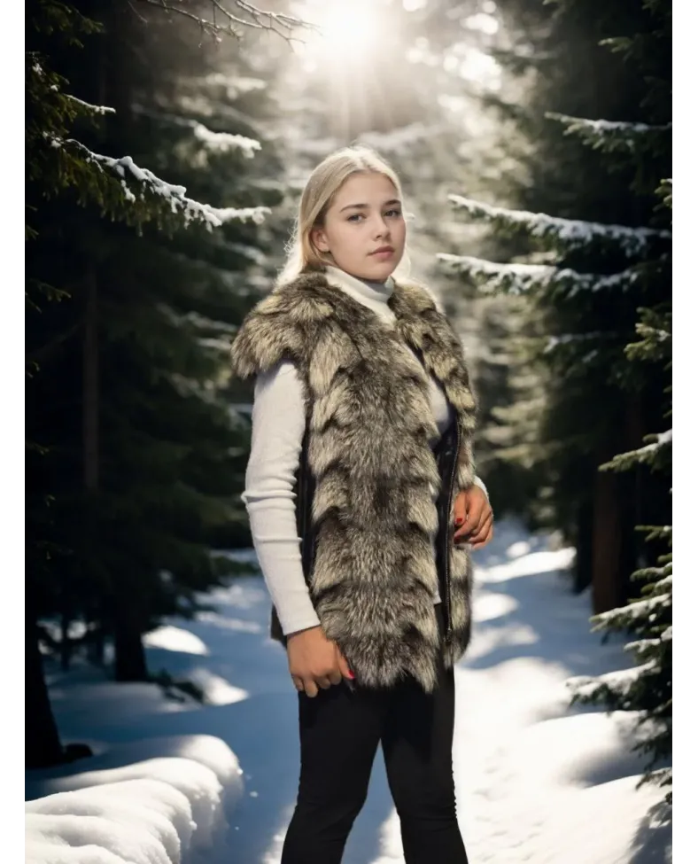 Kadın Kolsuz Hakiki Deri Kürk - Siyah