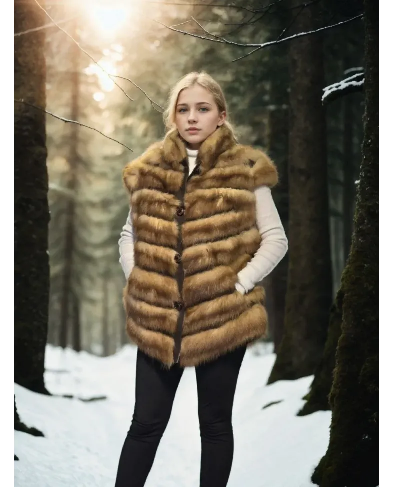 Kadın Kolsuz Hakiki Kürk - Kahve