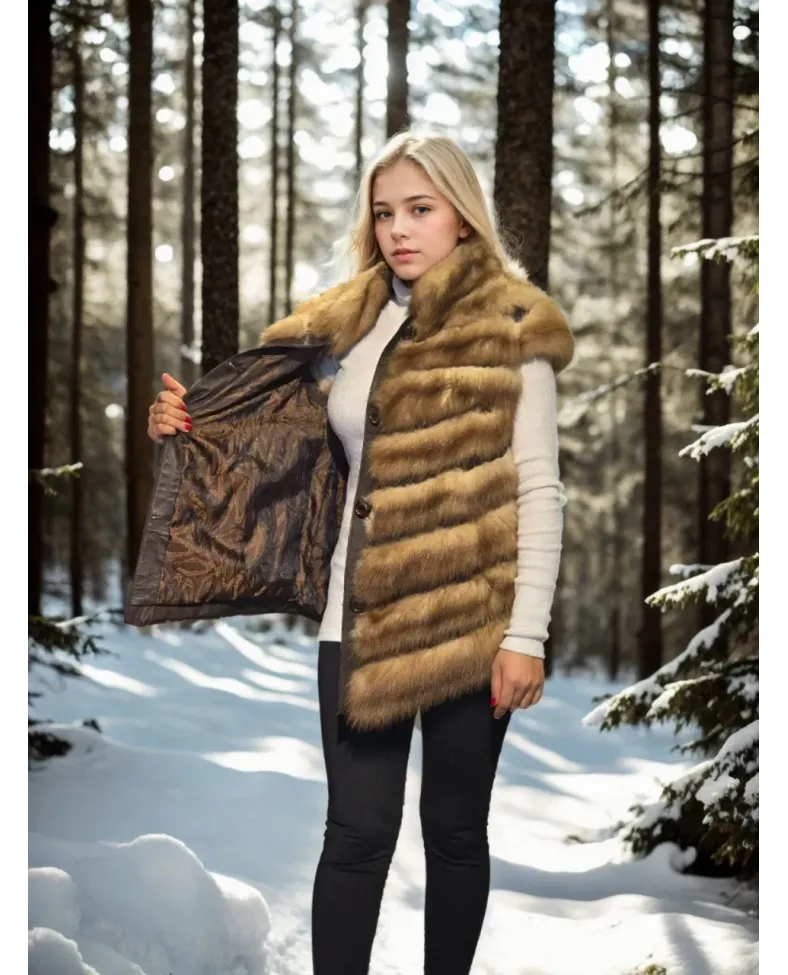 Kadın Kolsuz Hakiki Kürk - Kahve