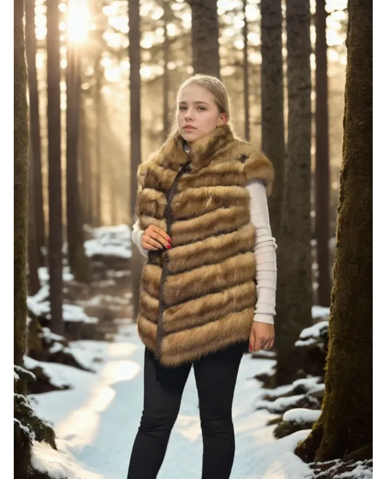 Kadın Kolsuz Hakiki Kürk - Kahve