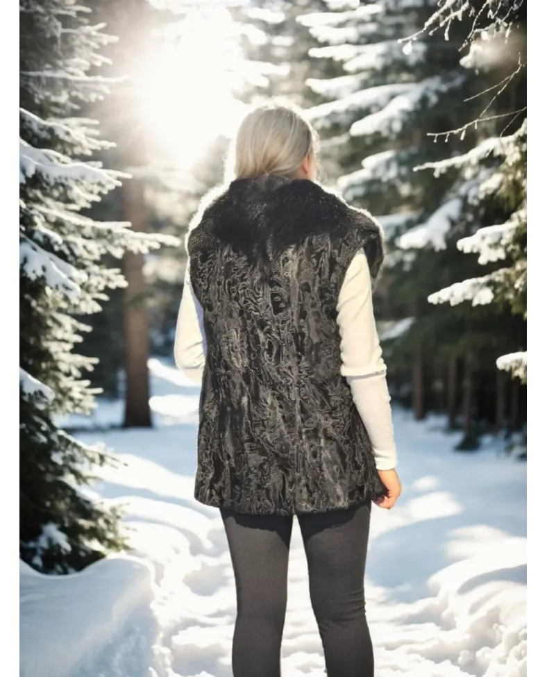 Kadın Kolsuz Hakiki Kürk - Siyah