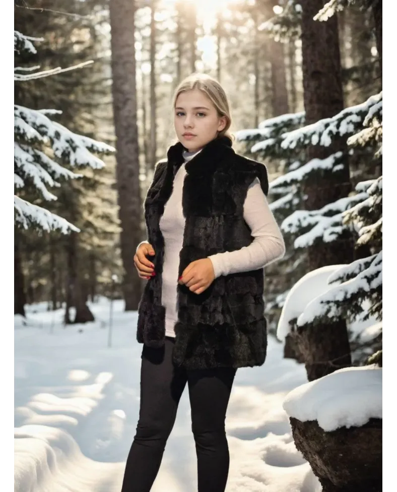 Kadın Kolsuz Hakiki Kürk - Siyah