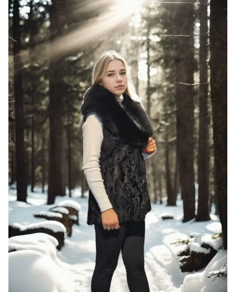 Kadın Kolsuz Hakiki Kürk - Siyah