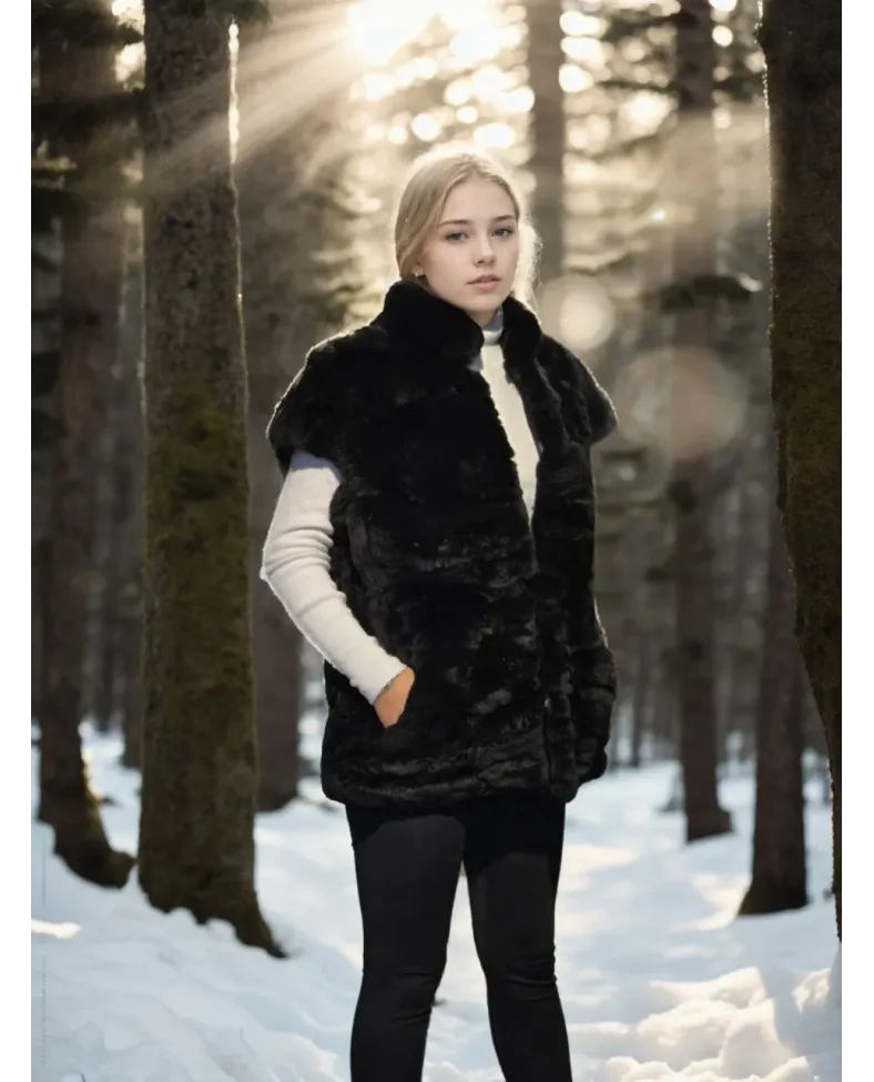 Kadın Kolsuz Hakiki Kürk - Siyah