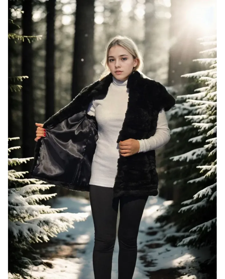 Kadın Kolsuz Hakiki Kürk - Siyah