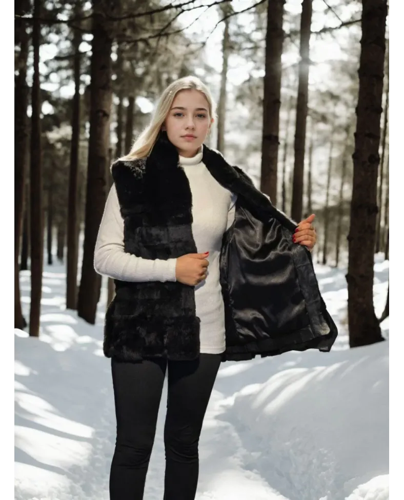 Kadın Kolsuz Hakiki Kürk - Siyah