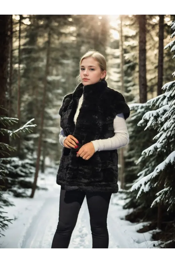 Kadın Kolsuz Hakiki Kürk - Siyah