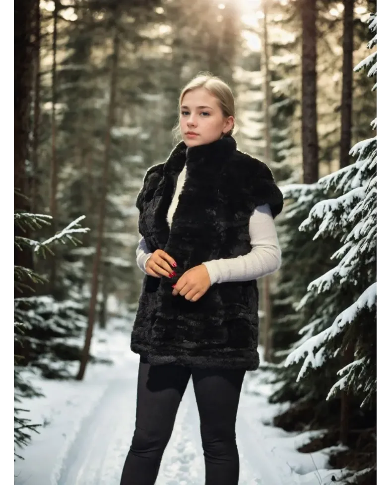 Kadın Kolsuz Hakiki Kürk - Siyah