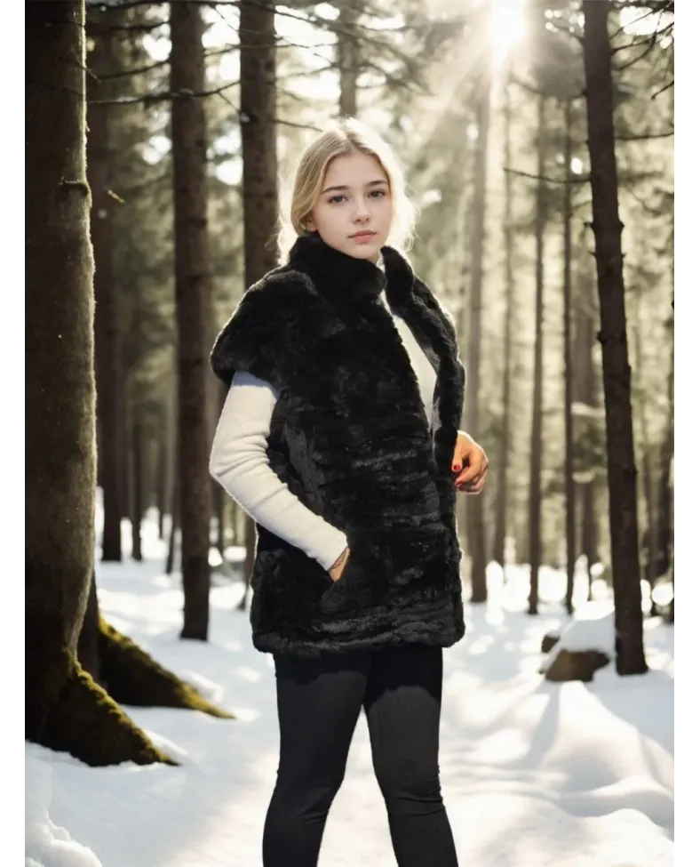 Kadın Kolsuz Hakiki Kürk - Siyah