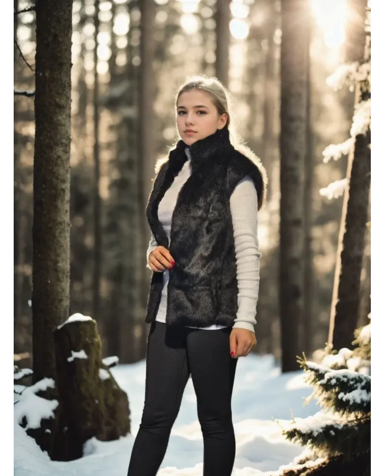 Kadın Kolsuz Hakiki Kürk - Siyah