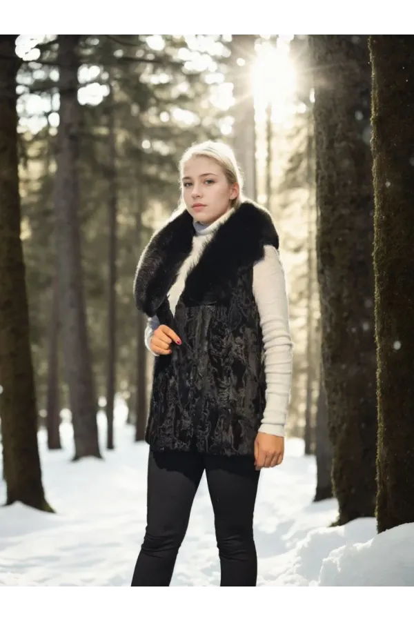 Kadın Kolsuz Hakiki Kürk - Siyah