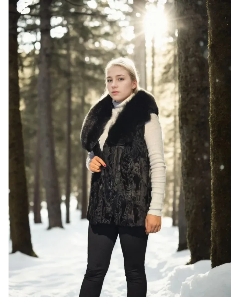 Kadın Kolsuz Hakiki Kürk - Siyah