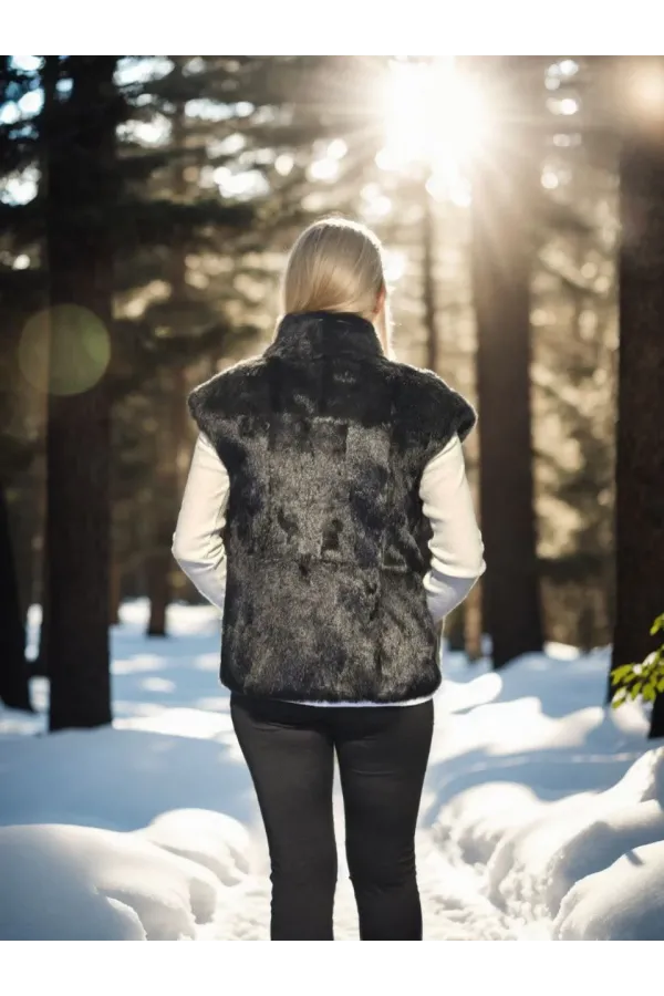 Kadın Kolsuz Hakiki Kürk - Siyah