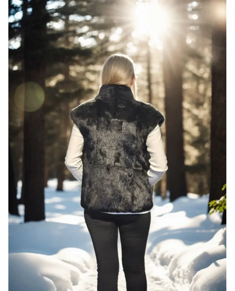 Kadın Kolsuz Hakiki Kürk - Siyah