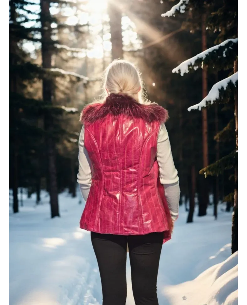 Kadın Kolsuz Hakiki Yelek - Fuşya