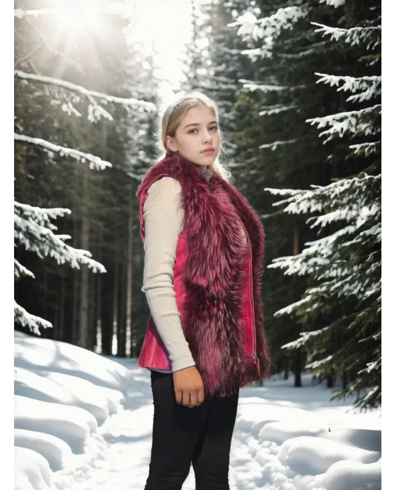 Kadın Kolsuz Hakiki Yelek - Fuşya