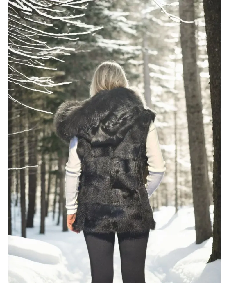 Kadın Kolsuz Kapüşonlu Yelek - Siyah