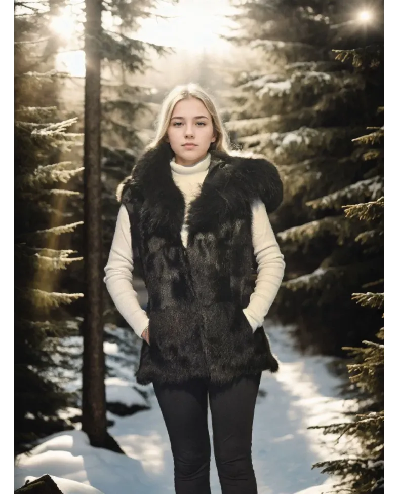 Kadın Kolsuz Kapüşonlu Yelek - Siyah