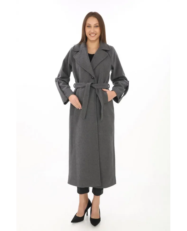 Kadın Uzun Kaşe Kaban Yünlü Dokuma Kaşmir Kruvaze Yaka Kuşaklı Astarlı Tesettür - Füme Somersan Giyim | Kadın, Erkek ve Çocuk Moda