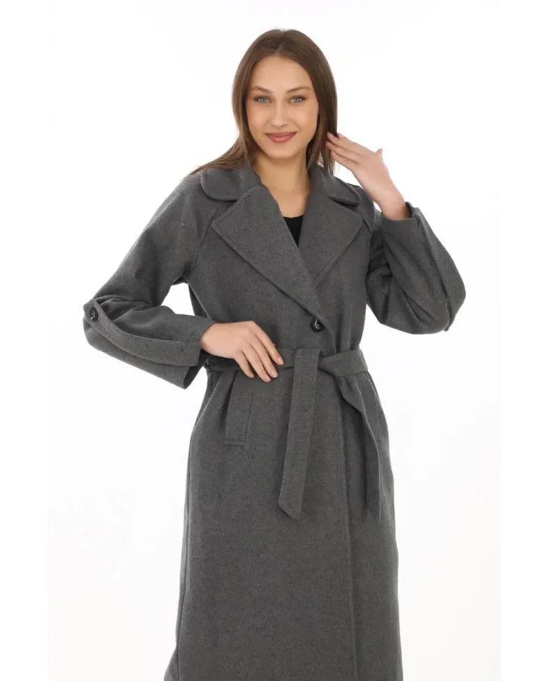 Kadın Uzun Kaşe Kaban Yünlü Dokuma Kaşmir Kruvaze Yaka Kuşaklı Astarlı Tesettür - Füme Somersan Giyim | Kadın, Erkek ve Çocuk Moda