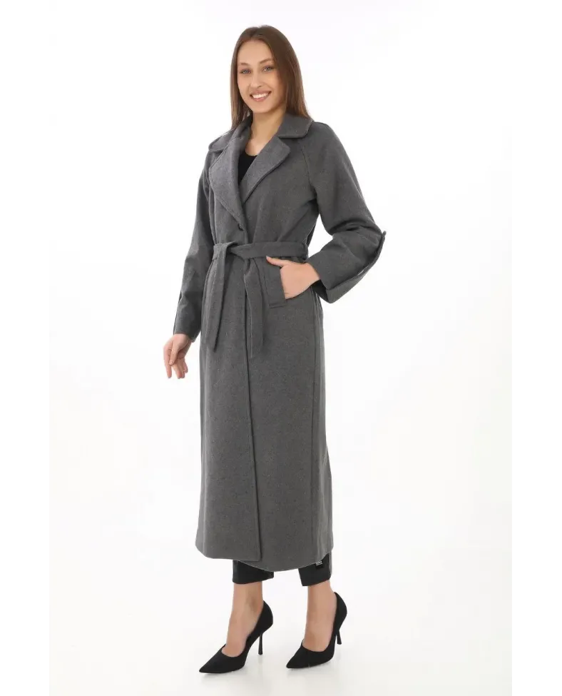 Kadın Uzun Kaşe Kaban Yünlü Dokuma Kaşmir Kruvaze Yaka Kuşaklı Astarlı Tesettür - Füme Somersan Giyim | Kadın, Erkek ve Çocuk Moda