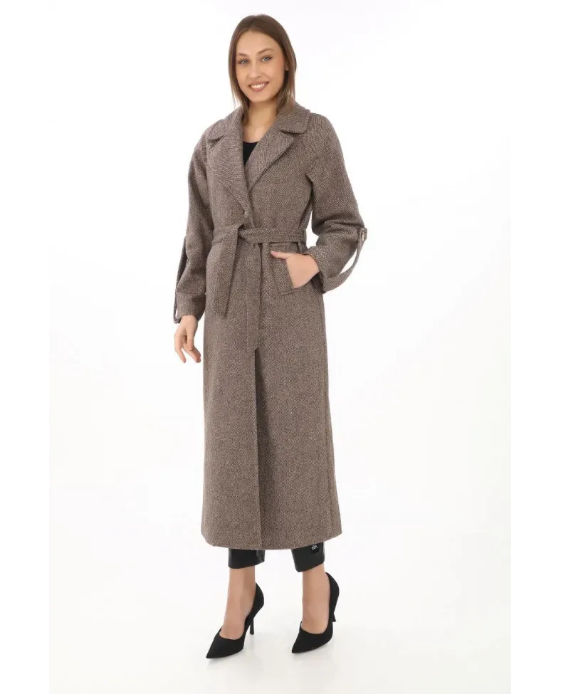 Kadın Uzun Kaşe Kaban Yünlü Dokuma Kaşmir Kruvaze Yaka Kuşaklı Astarlı Tesettür - Vizon