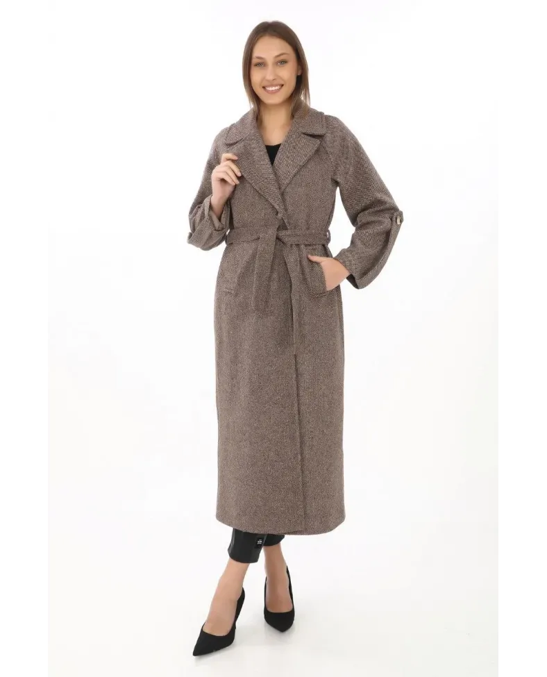 Kadın Uzun Kaşe Kaban Yünlü Dokuma Kaşmir Kruvaze Yaka Kuşaklı Astarlı Tesettür - Vizon