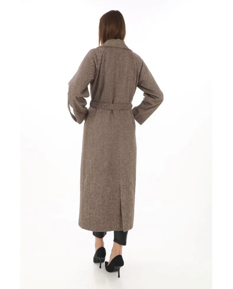 Kadın Uzun Kaşe Kaban Yünlü Dokuma Kaşmir Kruvaze Yaka Kuşaklı Astarlı Tesettür - Vizon