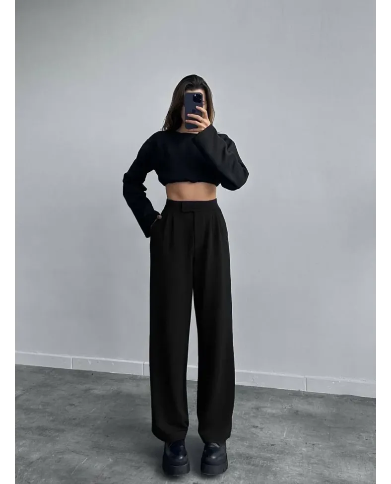 Kadin Likralı Cirt Kapama Siyah Palazzo Pantolon - Siyah