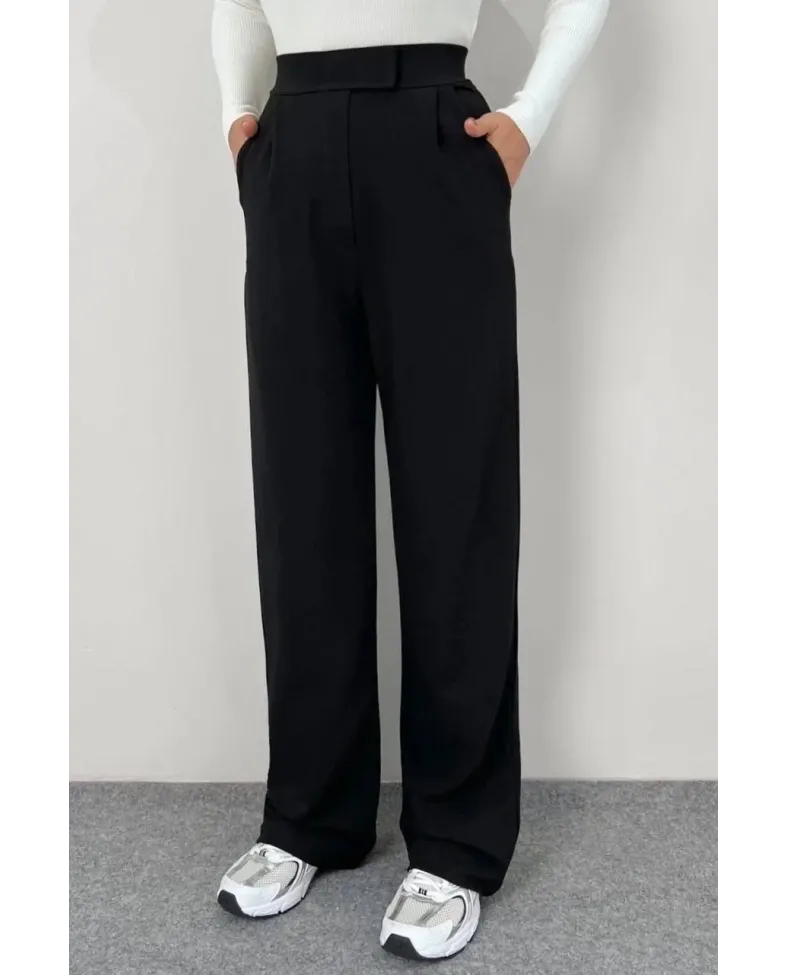 Kadin Likralı Cirt Kapama Siyah Palazzo Pantolon - Siyah