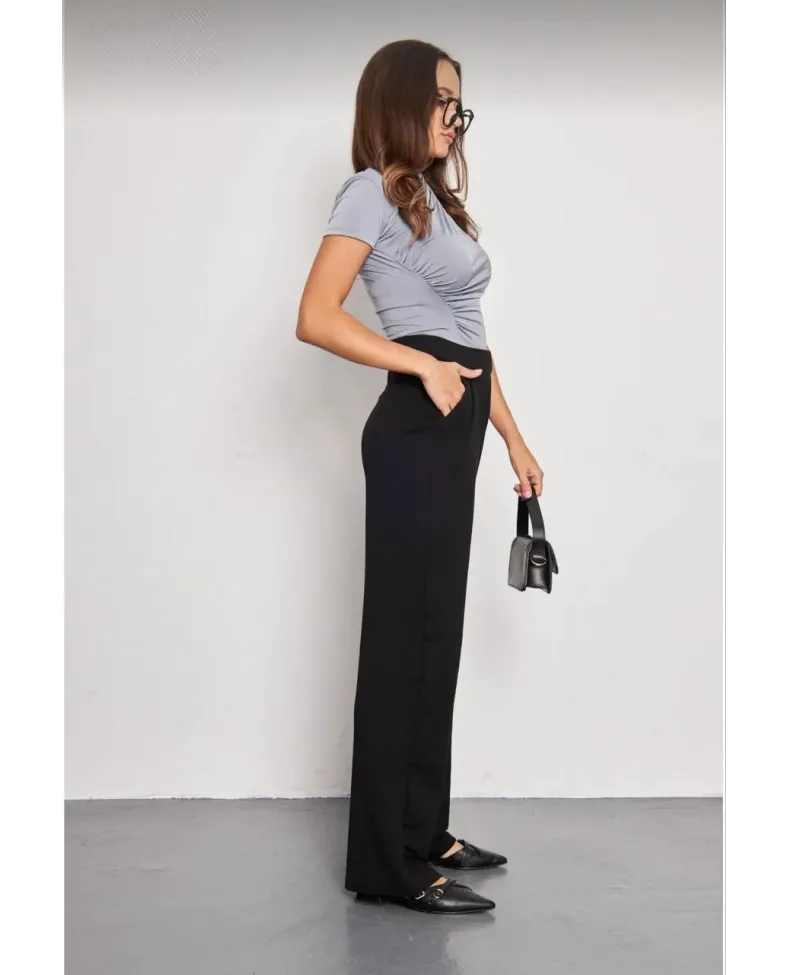 Kadin Likralı Cirt Kapama Siyah Palazzo Pantolon - Siyah