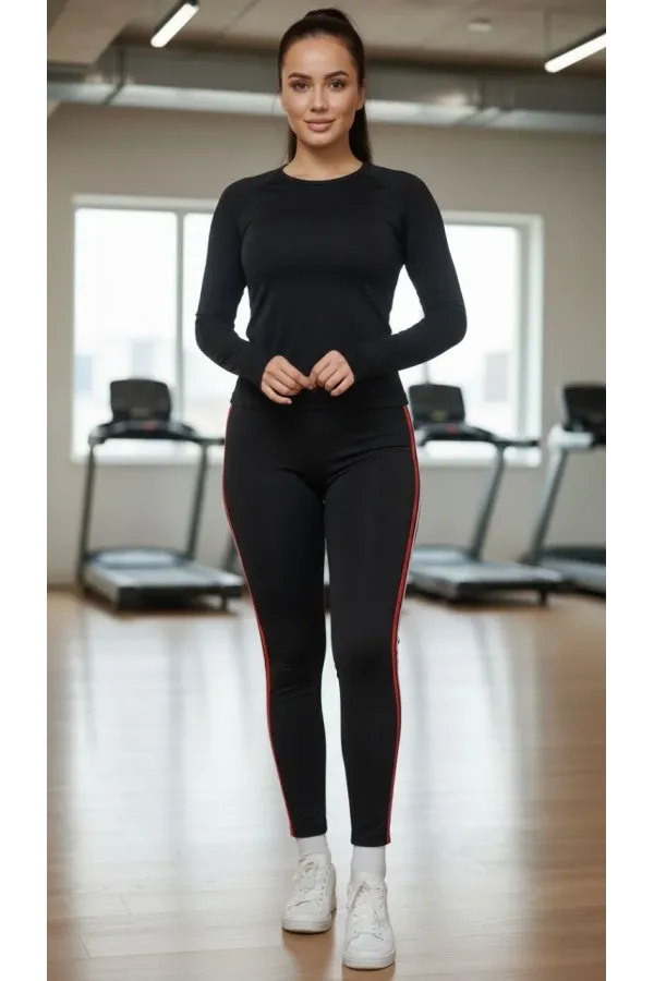 Kadın Likralı Penye Yanı Kırmızı Beyaz Şeritli Dar Kalıp Spor Tayt - Siyah