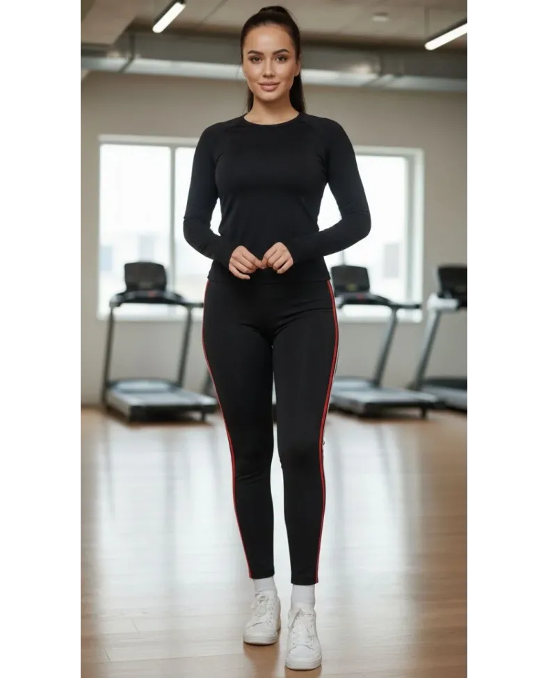 Kadın Likralı Penye Yanı Kırmızı Beyaz Şeritli Dar Kalıp Spor Tayt - Siyah