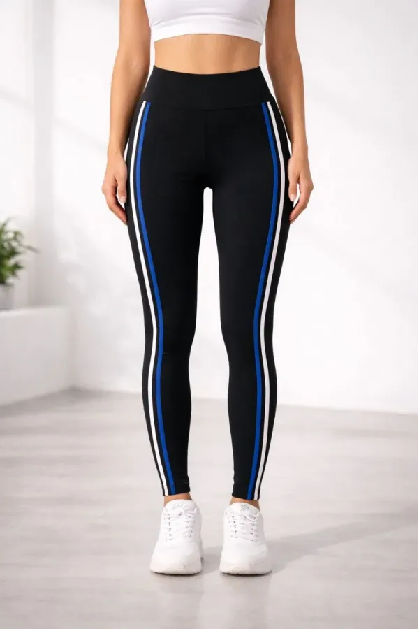 Kadın Likralı Yan Beyaz Mavi Şeritli Detaylı Tayt - Siyah