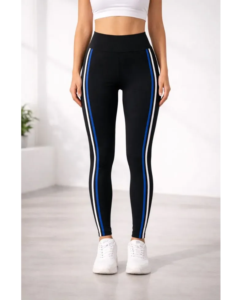 Kadın Likralı Yan Beyaz Mavi Şeritli Detaylı Tayt - Siyah