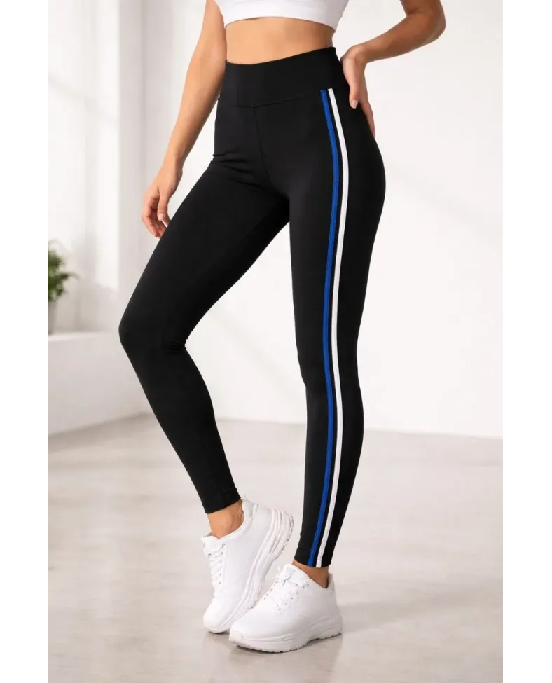 Kadın Likralı Yan Beyaz Mavi Şeritli Detaylı Tayt - Siyah