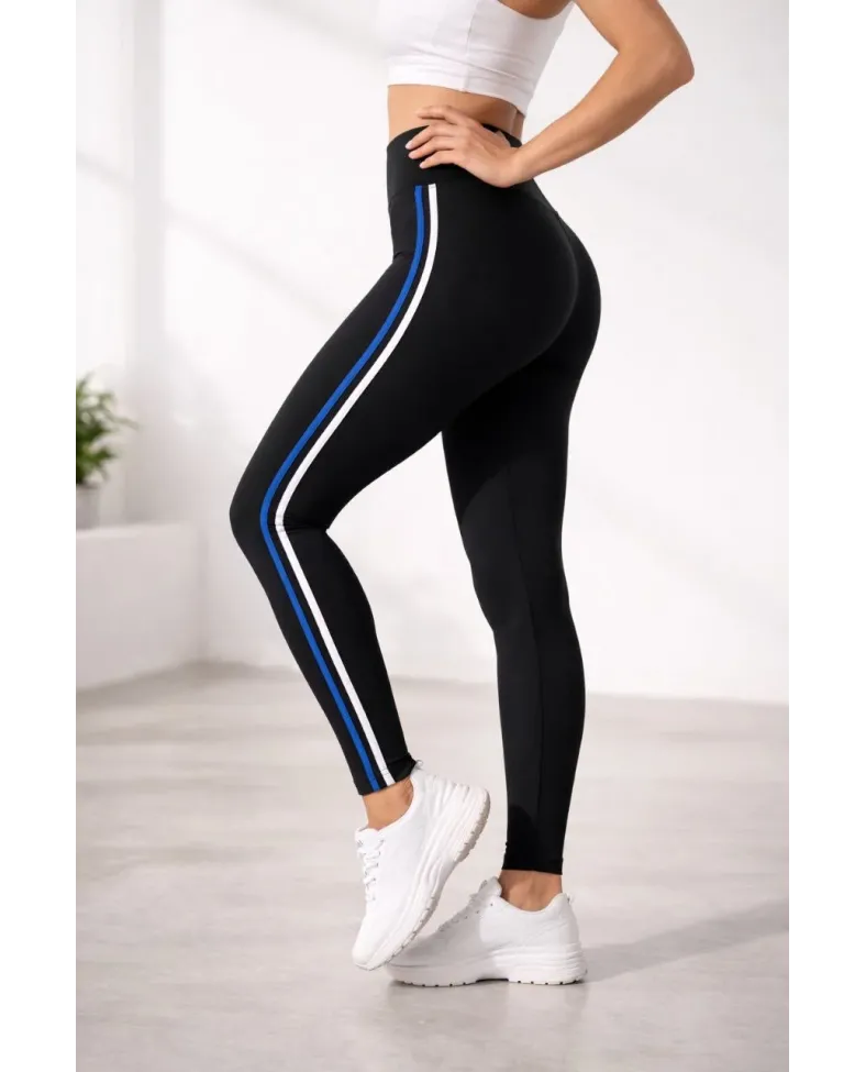 Kadın Likralı Yan Beyaz Mavi Şeritli Detaylı Tayt - Siyah