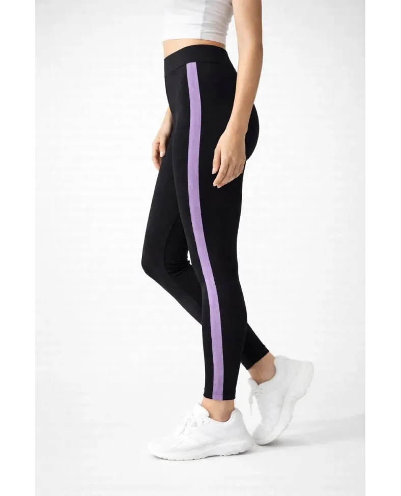 Kadın Likralı Yan Lila Şeritli Detaylı Tayt - Siyah