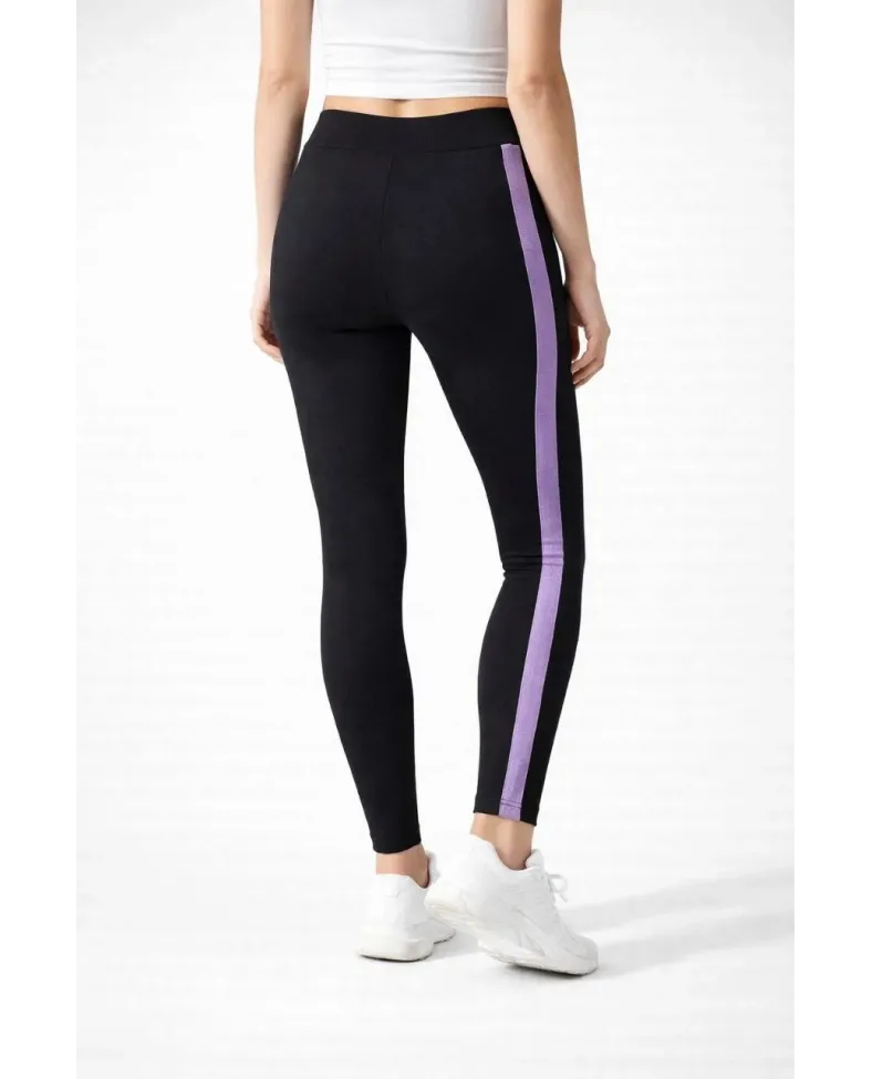 Kadın Likralı Yan Lila Şeritli Detaylı Tayt - Siyah