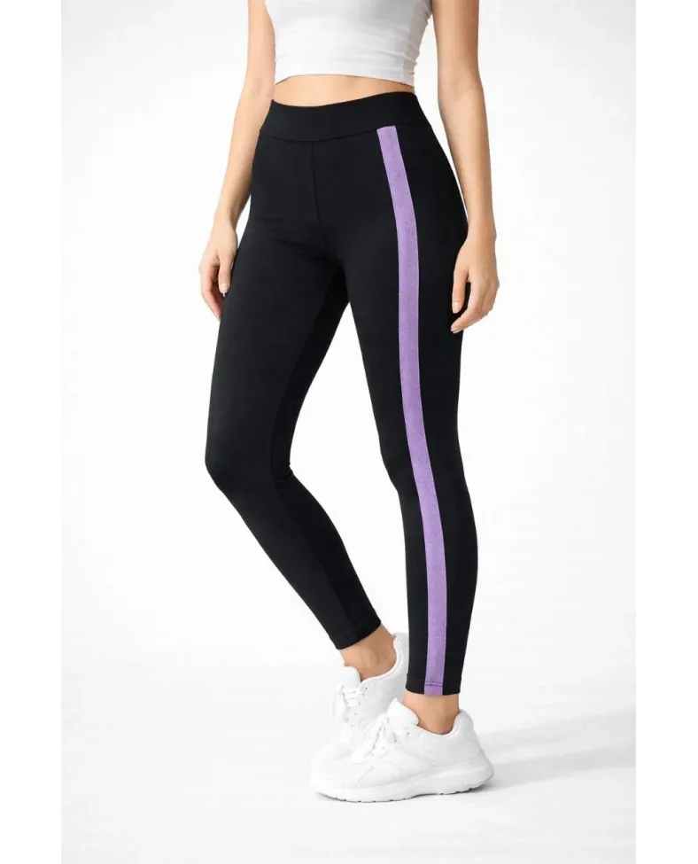 Kadın Likralı Yan Lila Şeritli Detaylı Tayt - Siyah