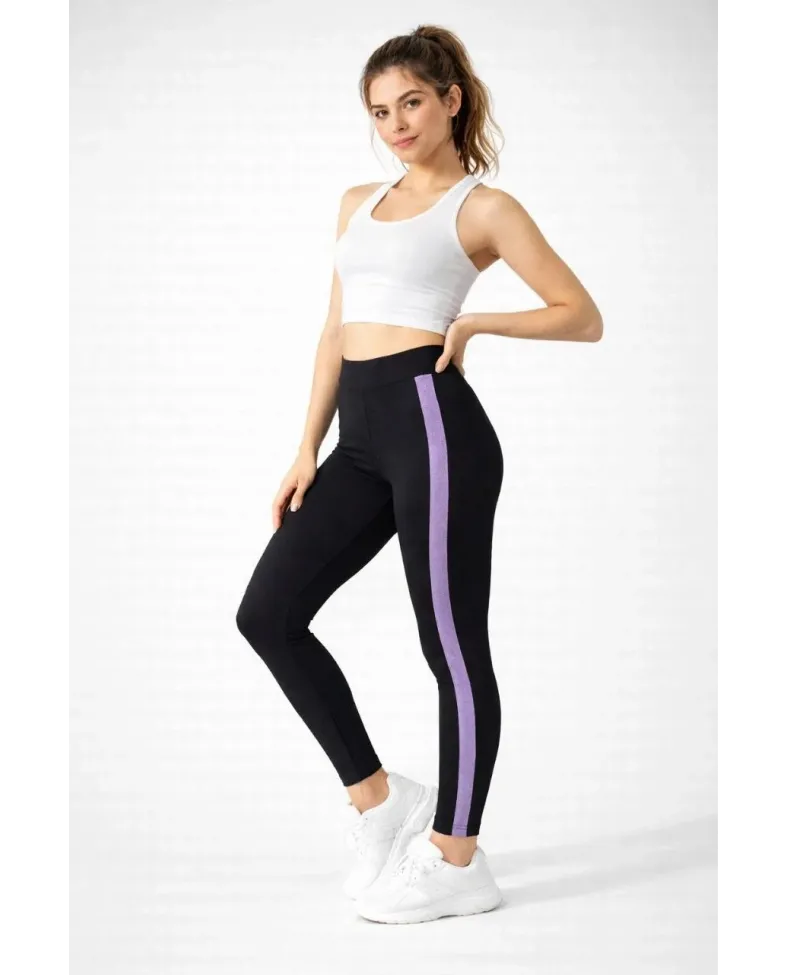Kadın Likralı Yan Lila Şeritli Detaylı Tayt - Siyah