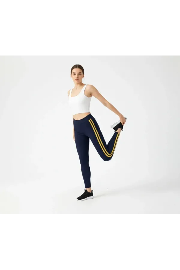 Kadın Likralı Yan Sarı Şeritli Detaylı Tayt - Siyah