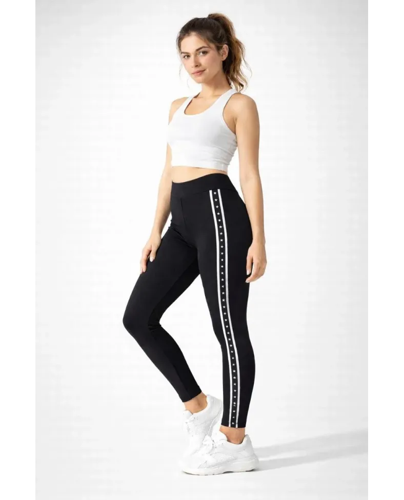 Kadın Likralı Yan Yıldız Şeritli Detaylı Tayt - Siyah