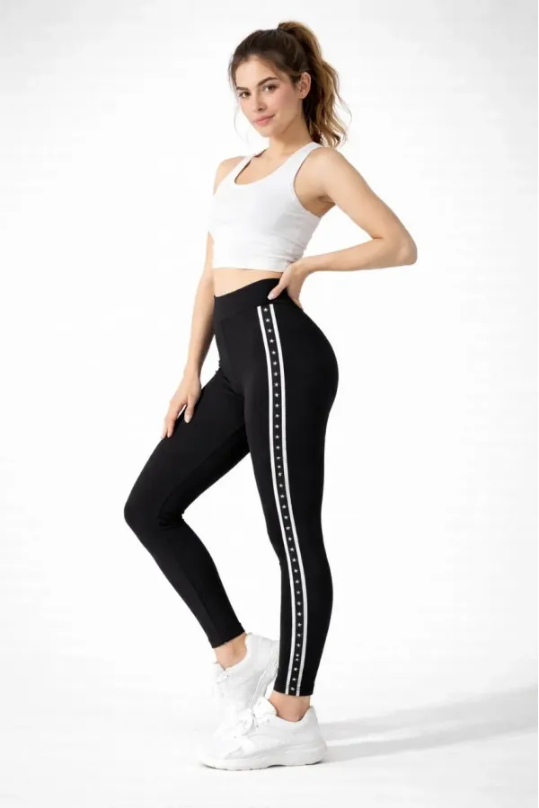 Kadın Likralı Yan Yıldız Şeritli Detaylı Tayt - Siyah