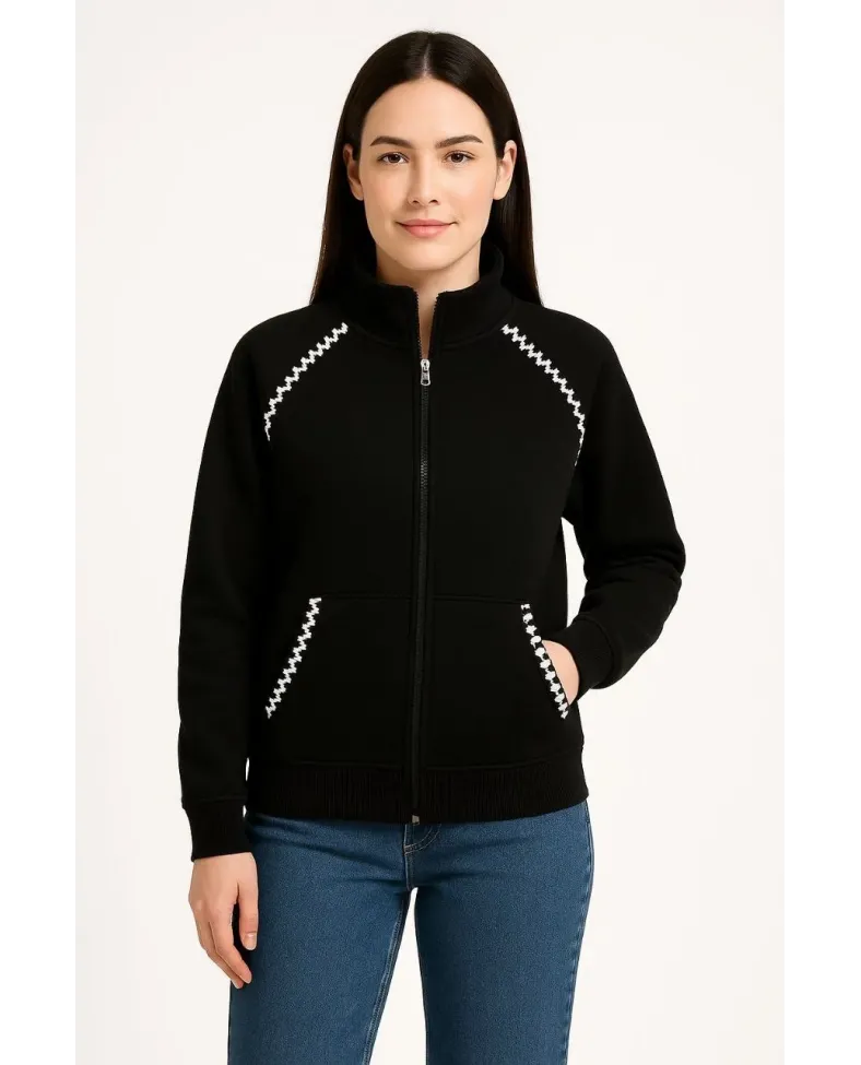 Kadın Oversize Dik Yaka Fermuarlı Sweatshirt - Zincir Nakışli Kanguru Cepli, - Siyah