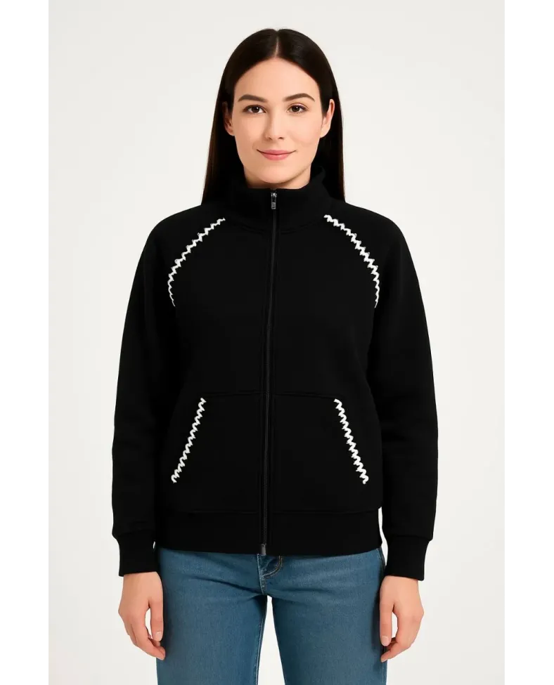 Kadın Oversize Dik Yaka Fermuarlı Sweatshirt - Zincir Nakışli Kanguru Cepli, - Siyah