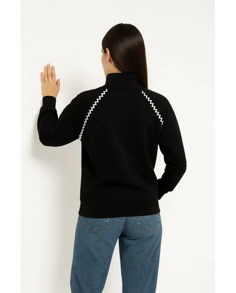 Kadın Oversize Dik Yaka Fermuarlı Sweatshirt - Zincir Nakışli Kanguru Cepli, - Siyah