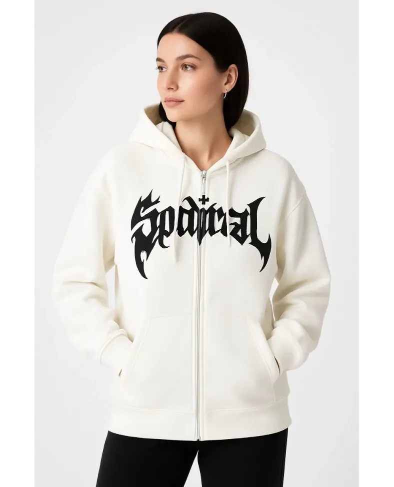 Kadın Kapüşonlu 3 İplik Şardonlu Önü Baskılı Fermuarlı Oversize Sweatshirt - Beyaz