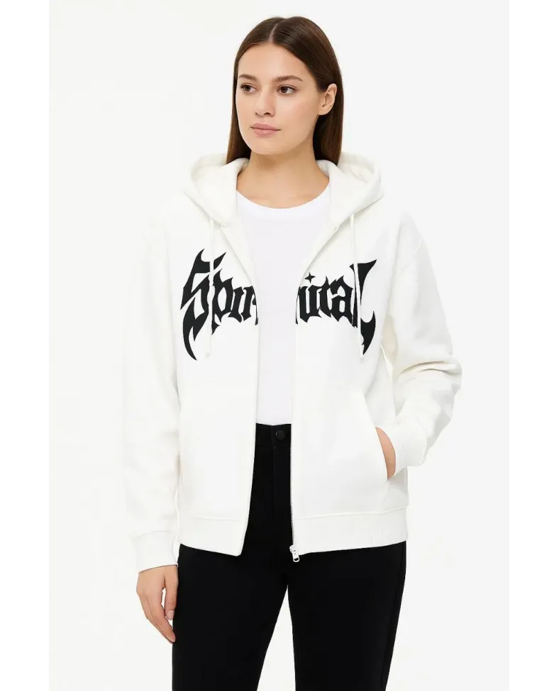 Kadın Kapüşonlu 3 İplik Şardonlu Önü Baskılı Fermuarlı Oversize Sweatshirt - Beyaz